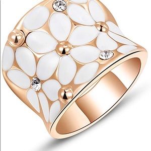 White Enamel Flower Rose Gold Band Bloom Ring